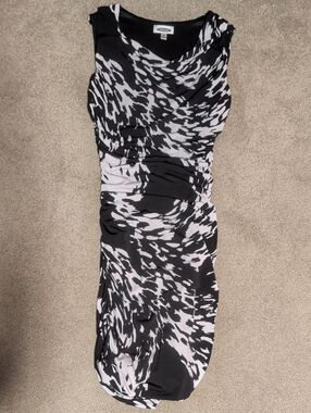 Black & White Abstract Ruched Cowl Neck Dress